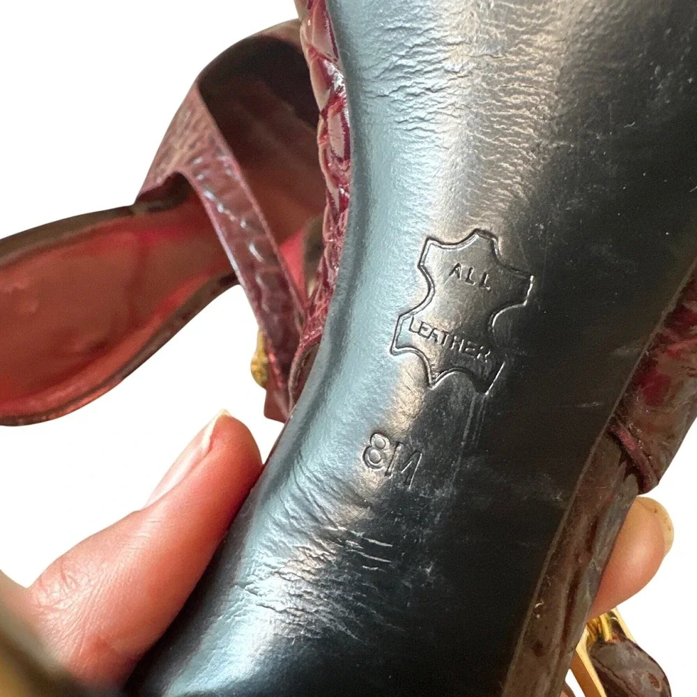 Tory Burch Allison Croc Patent Slingback Peep Toe‎ Block Heels 8 Bordeaux